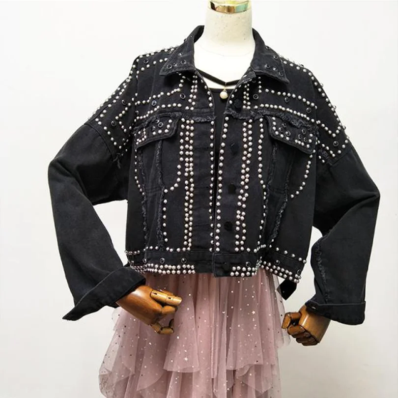 

Autumn Women Harajuku Coat Heavy Hand Beaded Rivet Short Student Solid Color Denim Jacket