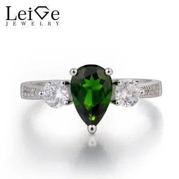 

Leige Jewelry Pear Cut Green Gemstone Natural Chrome Diopside Ring Engagement Ring 925 Sterling Silver Ring Three Stones Ring