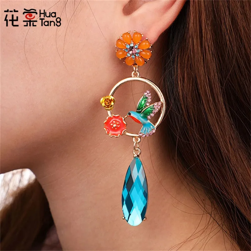 

HuaTang Bohemian Colorful Rhinestone Drop Earrings Geometric Crystal Bird Sunflower Pericing Earring Jewelry Oorbellen 6804