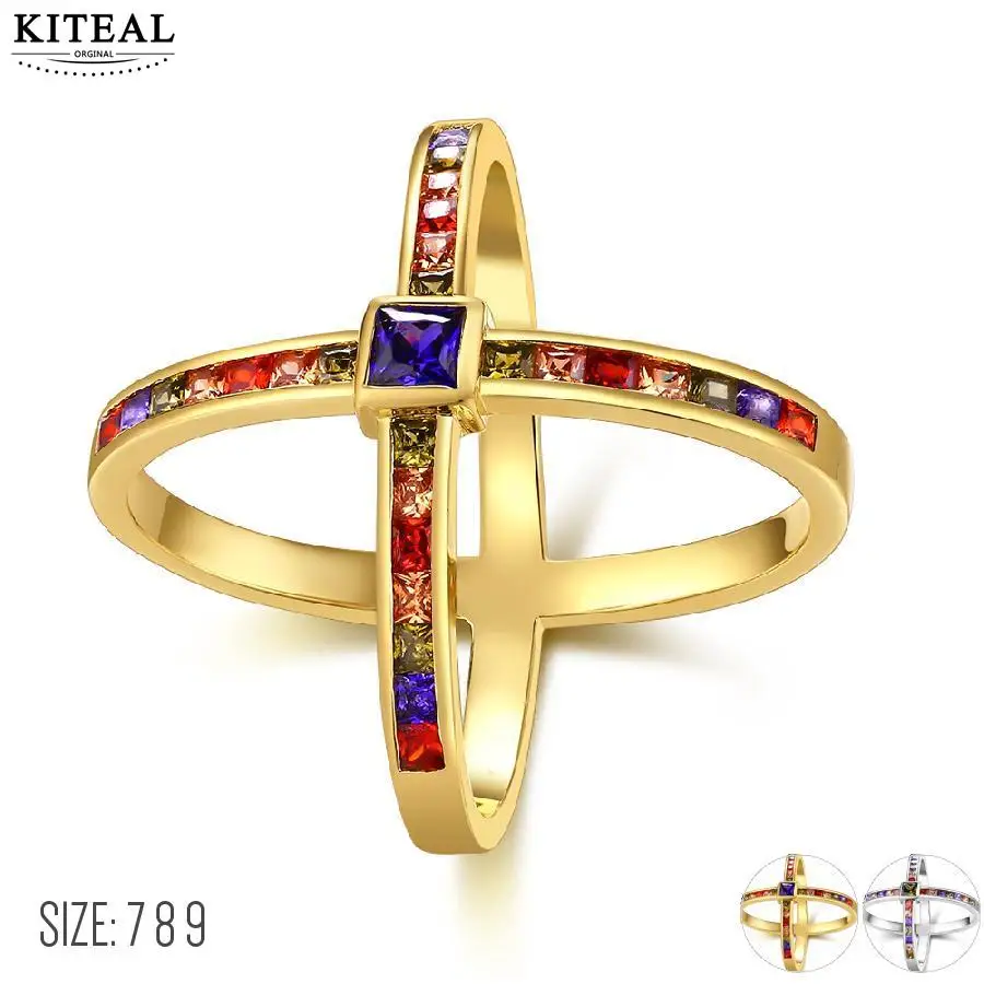 

Trendy silver/Gold Color rainbow Ring X Shape Cross Rings with Micro Paved Cubic Zirconia Rings For Women Bague Femme