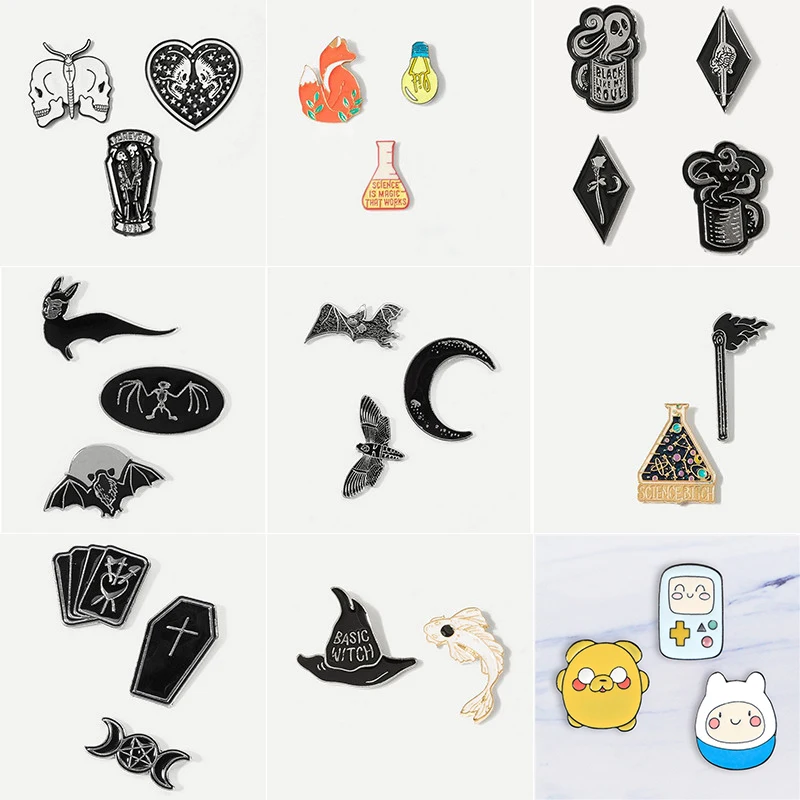 ##BUY Hot Love Skeleton Match Metal Enamel Brooch Bat Scientist Fox Fish Pin Set Trendy Unique Backpack Hat Jewelry Accessories Gift