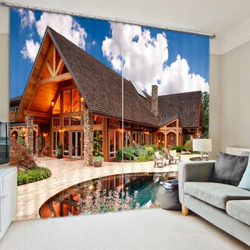 

Cafe Hotel 3D Blackout Curtains Panel Seaside Resort Hut Pattern Thickened Fabric Bedroom Curtains for Living Room home textile