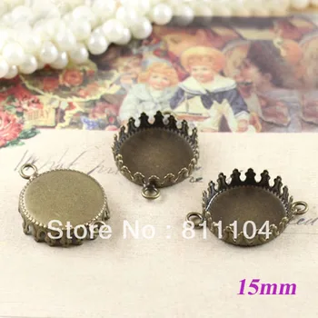 

15mm Antique Bronze Copper Blank Round Crown Bases Trays 2 Loops Bezels Pendant Bracelet Connector DIY CABs Findings Wholesale
