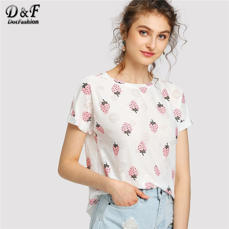 

Dotfashion Allover Strawberry Print Cuffed Sleeve T-shirt 2019 Summer Round Neck Short Top Sleeve Women White Roll Up Sleeve Tee