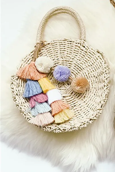 Новинка, женская пляжная сумка на плечо ручной работы, круглая соломенная сумка, летние плетеные сумки из ротанга, женская сумка-мессенджер, популярная - Цвет: 5