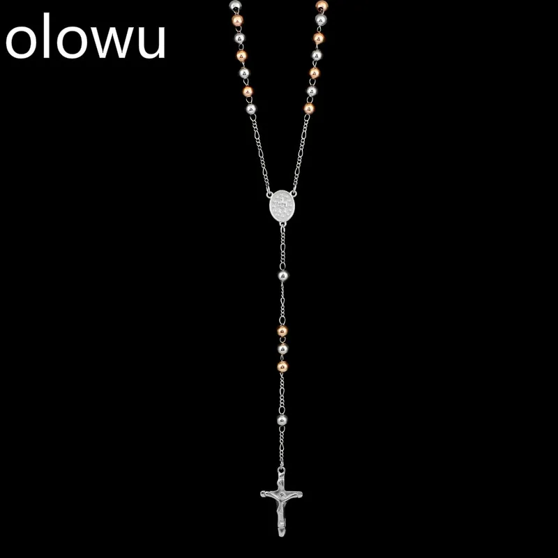 

olowu Sparkly Cross Pendant Necklace Long Imitation Beads Rosary Jesus Coin Necklaces Pendants Gold Silver Religious Jewelry