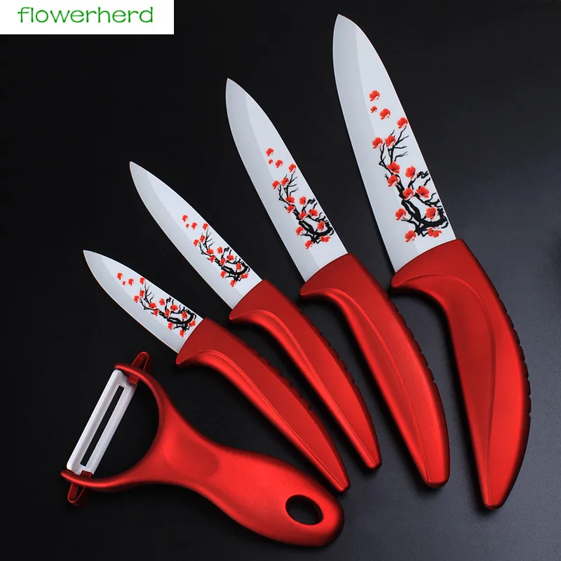 

5Pcs/set Beauty Gifts Zirconia red handle Ceramic Knife with holder kitchen Set 3" 4" 5" 6" inch+ Peeler+Holder kitchen knife