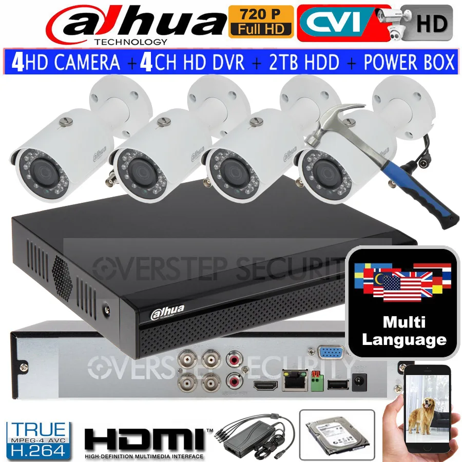 Dahua mutil язык 720 P DH-HAC-HFW1100S водонепроницаемый CVI ИК Пуля безопасности Камера с H.264 4CH CVI DH-XVR4104HS Камера комплект