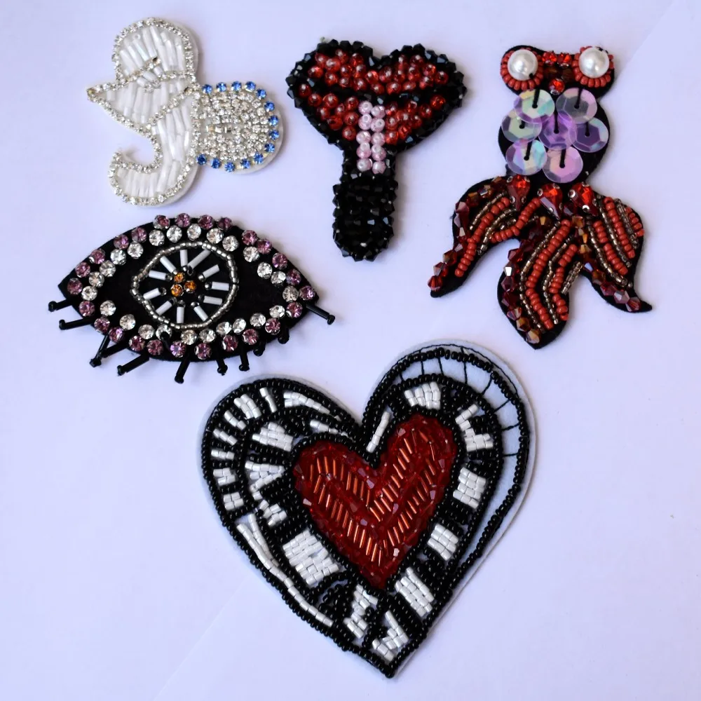 

3D Handmade Rhinestone beaded Patches heart Sew on sequin Crystal patch for clothing beading fish Applique cute patch