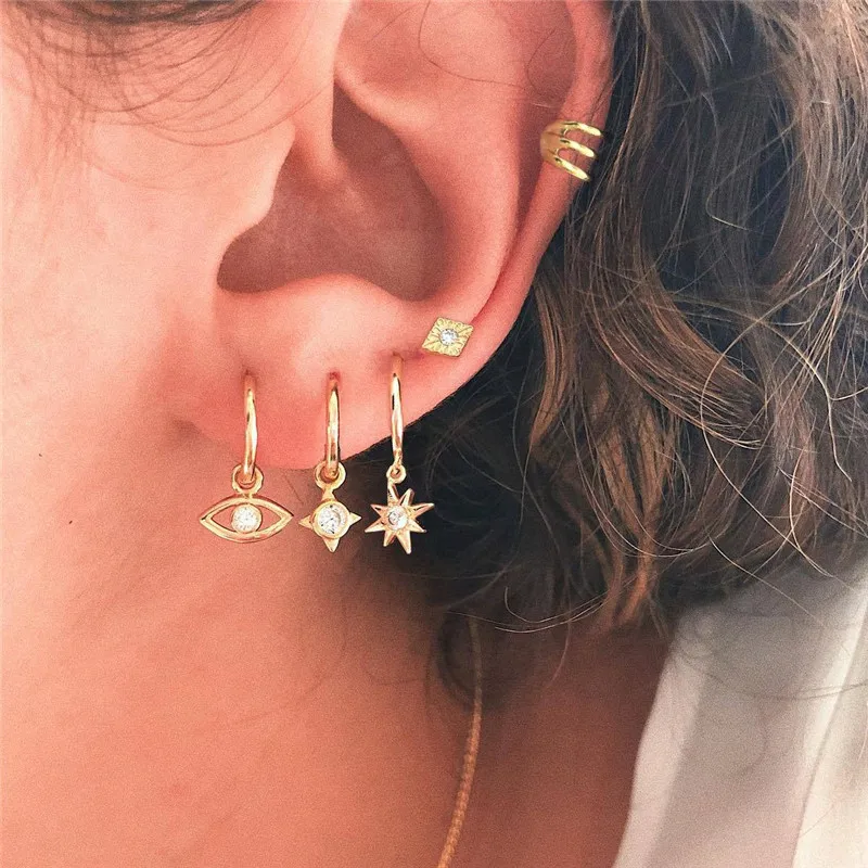 

5PCS Bohemian Glitter Zircon Eye Star Hoop Earrings For Women European Ethnic Gold Color Pendant Earrings Suit Jewelry E389