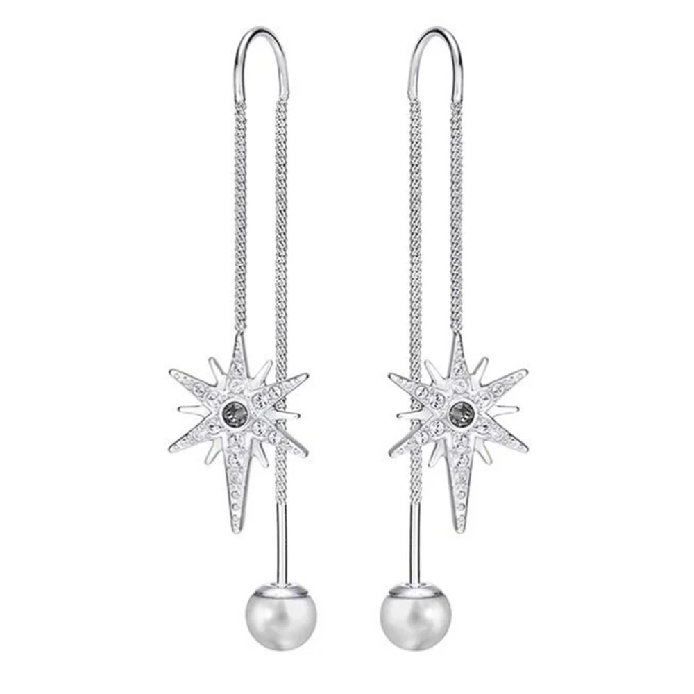 

2018 New Silver Color Elegant Ladies Zircon Snowflake Long Earrings Fashion ball Birthday Anniversary Birthday Jewelry