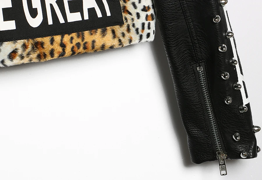 Высокая уличная мода бренд для женщин заклепки Леопардовый принт искусственная кожа мотоциклетная куртка пальто панк Рок граффити верхняя одежда