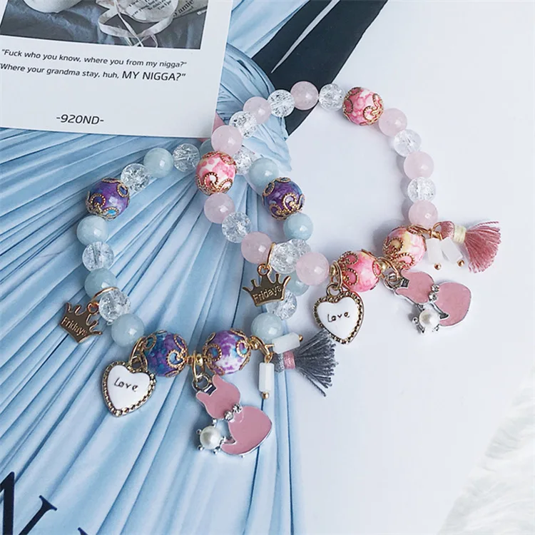 

Bohemian Pink Heart Crystal Charm Gold Bracelets & Bangles for Women Beads Handmade Tassel Charm Bracelet Boho Femme Jewelry B2
