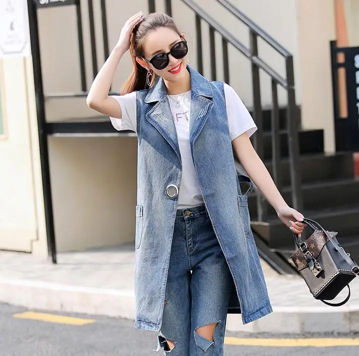 

2018 summer new cowboy vest jacket female spring and autumn suit collar long self-cultivation denim jacket