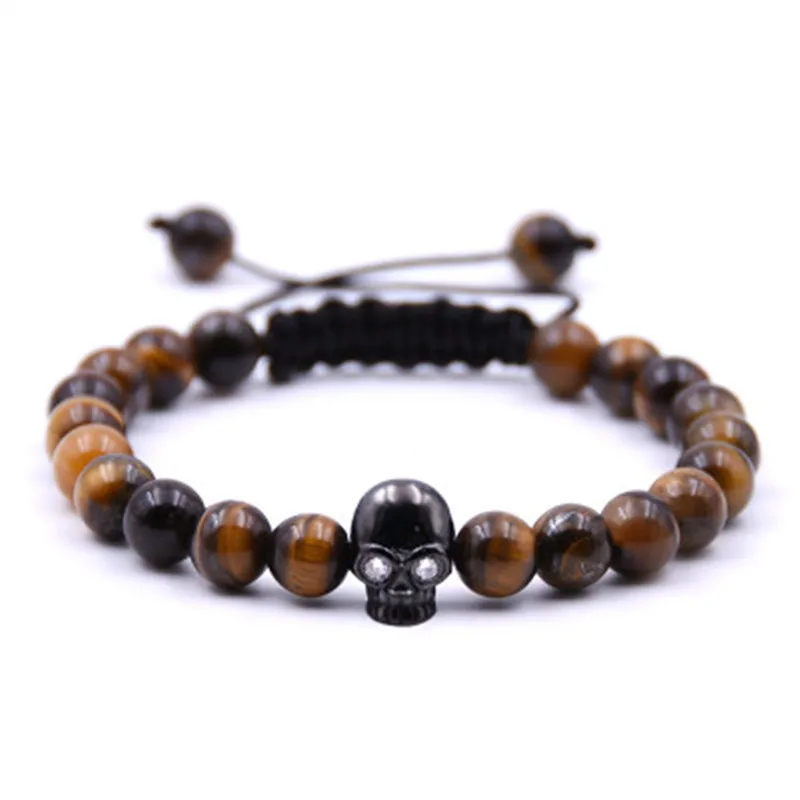 New Hand-woven Skull Head Cubic Zirconia Copper Beads Natural Red Turquoises Lava Stone Beaded Bracelet Bangle Women Men Jewelry | Украшения