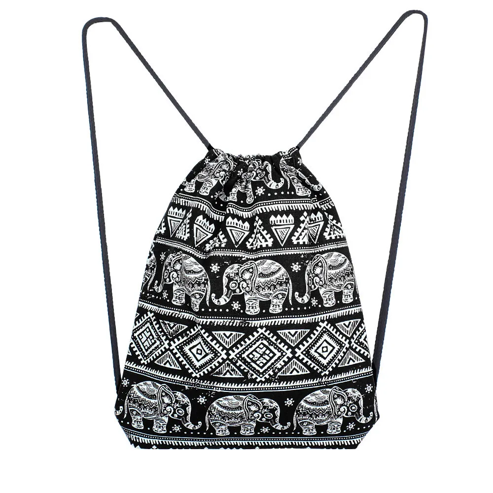 Женская однотонная Холщовая Сумка с принтом слона, высокая емкость, сумка-мешок, рюкзак, сумка на плечо, сумка на шнурке