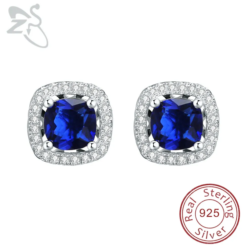 Luxury Blue Stone Stud Earring Women Big Cubic Zircon Earrings 925