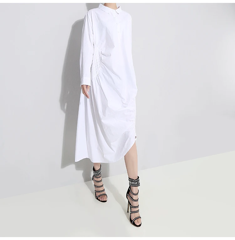 Новинка, корейский стиль, женское летнее однотонное черно-белое платье-рубашка с лацканами, асимметричное кружевное женское платье размера плюс, платье миди 4698