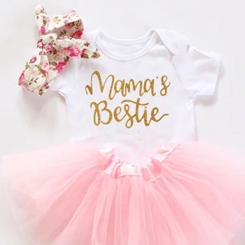 

Newborn Toddler Cute Baby Girl Mama's Bestie White Tops Romper+Tutu Tulle Skirt+Headband Infant 3PCS Outfit Clothes Set