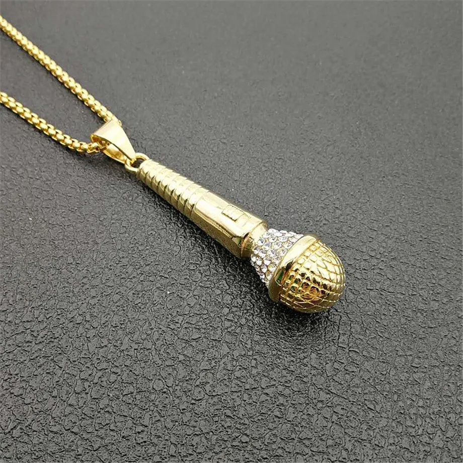 Хиппи золотой цвет Iced Out Bling музыкальный кулон «микрофон» ожерелья хип хоп ювелирные изделия для мужчин цепь из нержавеющей стали Прямая