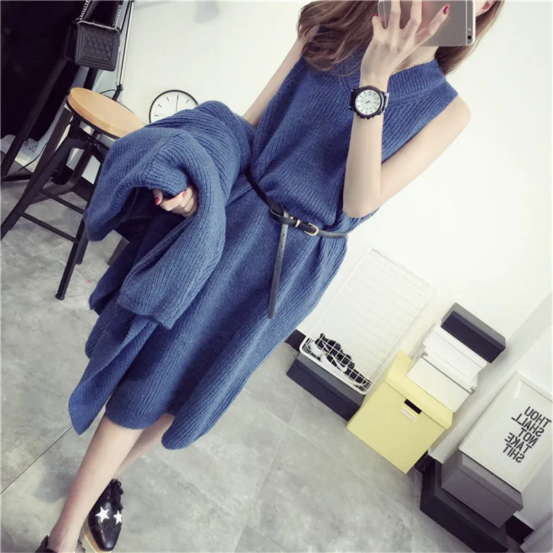 

Female Two-piece Suits 2018 New Spring Autumn Solid Color Long Loose Cardigan Fashion Knitted Sweaters Suits Women's Dress Sets
