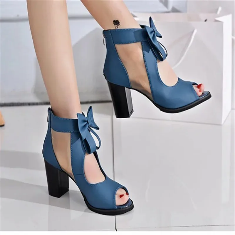 

Elegant Bow Tie Women Sandals 2019 Summer Clool Mesh Boots Sandalias Mujer Square High Heels Sandals Woman Platform Shoes Blue