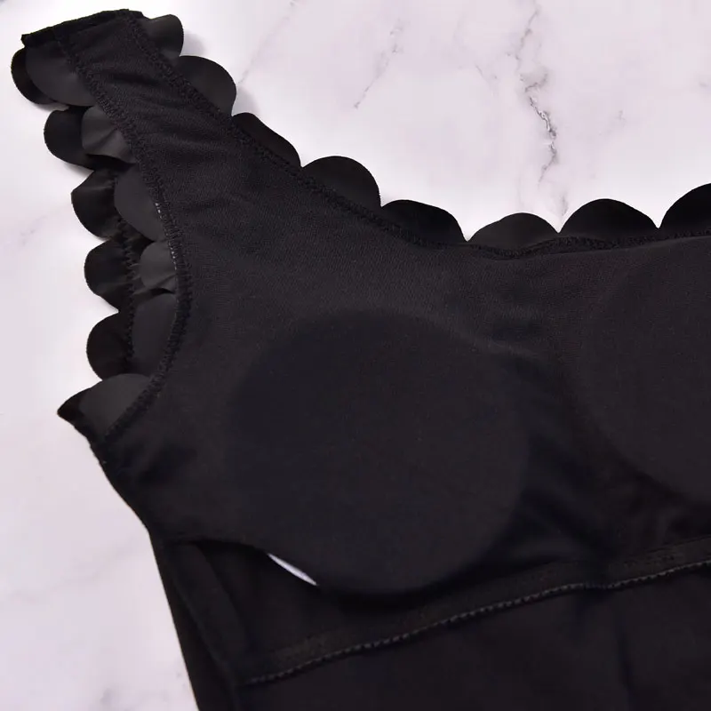 Женский винтажный сдельный купальник с зубчатой отделкой на одно плечо, бикини, купальный костюм, сплошной черный, с низкой спинкой, с подкладкой, монокини, для плавания