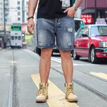 Плюс Размеры S-6XL Для Мужчин's Джинсовые шорты хорошее качество мужские короткие джинсы хлопковые однотонные прямые короткие джинсы мужской синий Повседневное Короткие джинсы