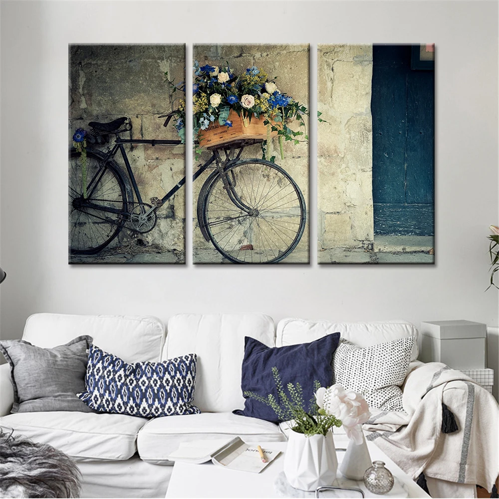 Без рамки, 3 предмета, декоративная картина с распылителем, велосипед, цветы, скандинавские плакаты и принты, холст, настенная художественная картина для декора гостиной