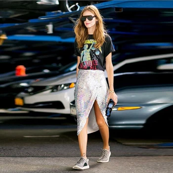 

Fashion Sequin Skirts Silver Sheath Short Pencil Skirts For Women Sexy Bodycon Split Midi Length Party Skirts