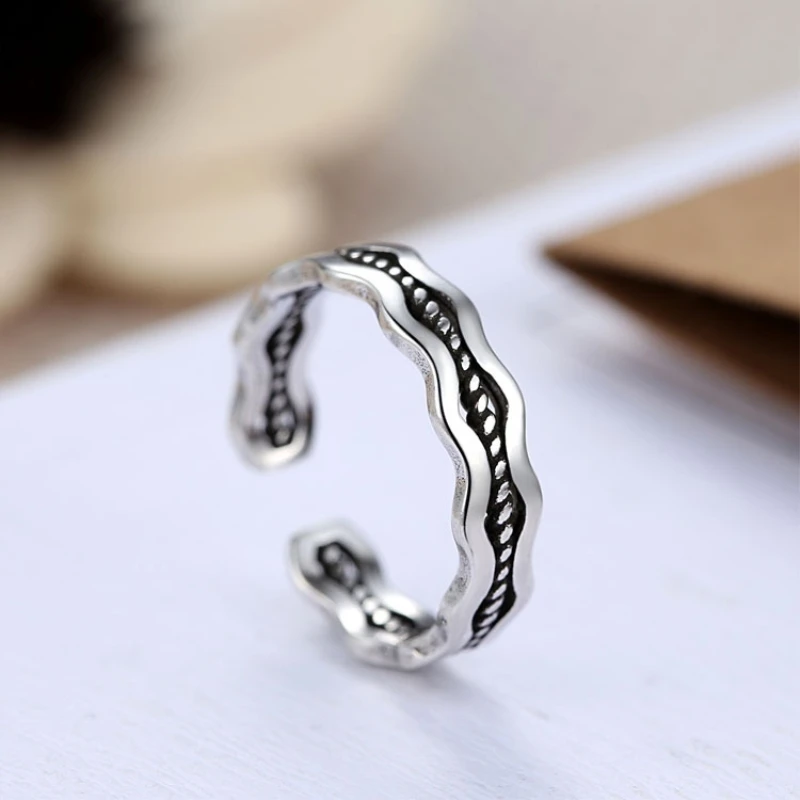 

Simple Wave Retro 925 Sterling Silver Temperament Literary Personality Fashion Female Resizable Opening Rings SRI167