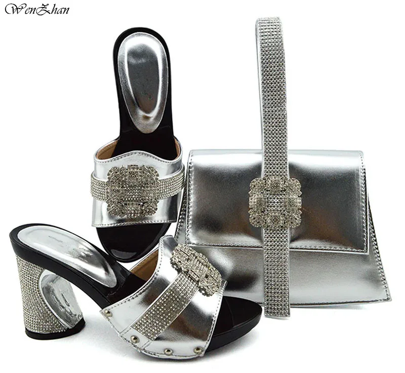 

Italian matching shoes and bag set newest charming sliver color african wedding shoe and matching bag sets top selling 9cm B94-5