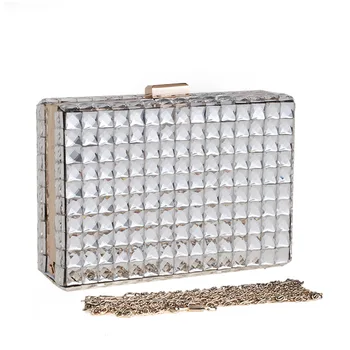

Luxury Geometric Pattern Diamonds Evening Bag For WOmen White Black Square Handbag Glass Rhinestone Metal Chain Day Clutches
