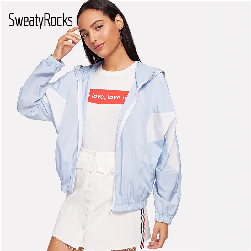 

SweatyRocks Athleisure Blue Zip Front Color Block Hoodie Jacket Long Sleeve Hooded 2018 Autumn Women Casual Jacket And Tops