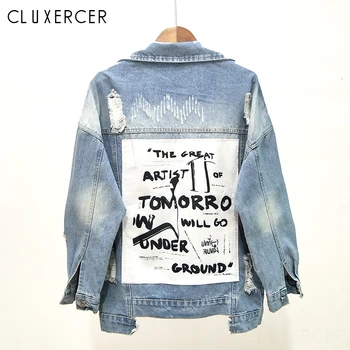 

2019 New Korea Spring Autumn Letter Print Frayed Jean Jacket Women Casual Ripped Hole Denim Jacket Female Bomber Jackets