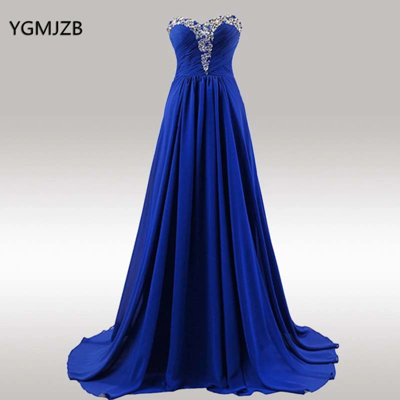 

Royal Blue Evening Dresses 2018 A Line Sweetheart Beaded Crystal Chiffon Long Formal Prom Evening Gown Cheap Vestido De Festa