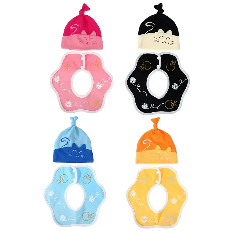 2pcs Fashion Baby Boys Girls Cute Cartoon Cat Cotton Newborn Baby Good Elasticity Hat + Baby Bib Set 2pcs Fashion Baby Boys Girls Cute Cartoon Cat Cotton Newborn Baby Good Elasticity Hat + Baby Bib Set