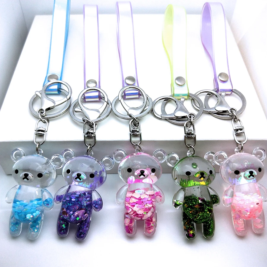 

Creative Move Glitter Quicksand Liquid Keyring Animal Bear Acrylic PU Leather Key Chain Pendant Couples Women Men Keychain Gift
