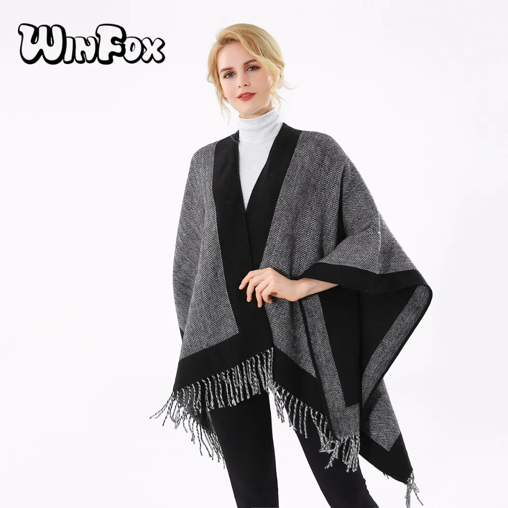 

Winfox 2018 New Fashion Winter Vintage Black Zig Zag Chevron Open Front Poncho Cape For Womens Femme