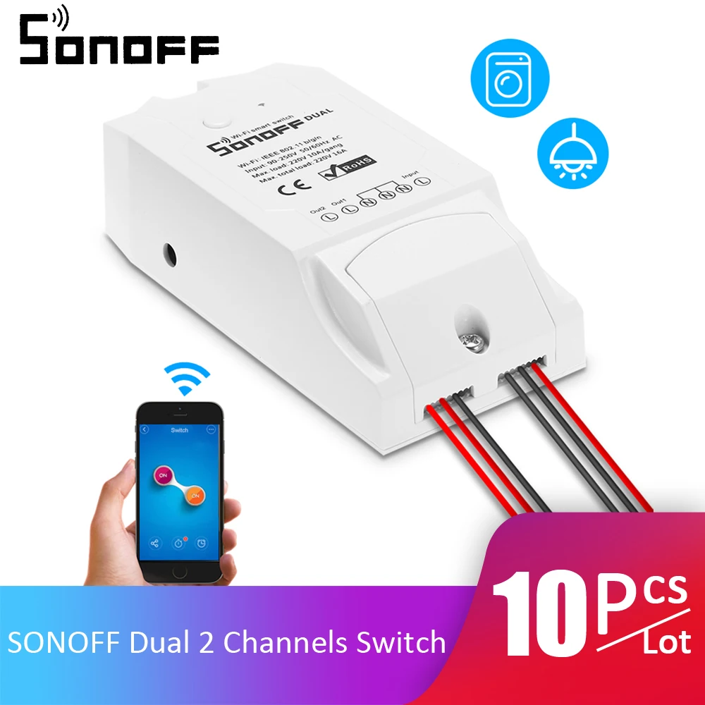 Умный выключатель SONOFF Dual ITEAD 10 шт./Лот двухканальный Wi Fi переключатель для Alexa Google