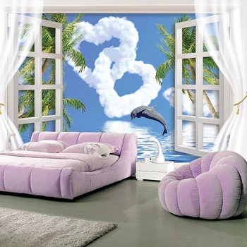 

Personalized Creative Outside The Window Blue Sky Love Clouds Jumping Dolphin Wallpaper 3D Living Room Backdrop Papel De Parede