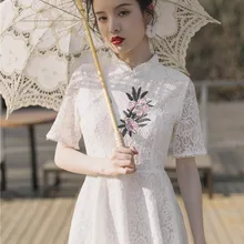 Короткое стильное традиционное китайское платье cheongsam белое женское элегантное платье из вискозы qipao поступление vestido