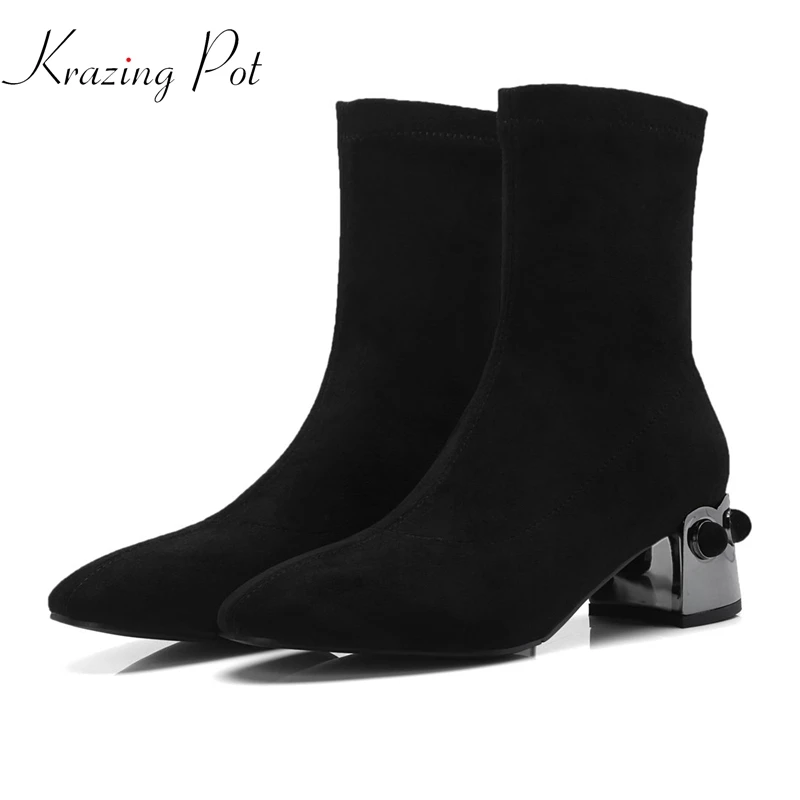 

Krazing Pot 2018 winter velvet round toe strange metal heel office lady western model superstar design fashion stretch boots L17