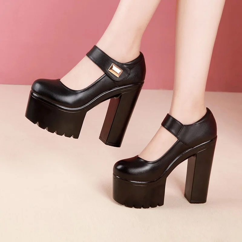 Плюс Размеры 32–43 блочным каблуком Лодочки на платформе женская обувь Весна-осень; обувь Mary Jane; обувь на высоком каблуке женские черный, белый цвет