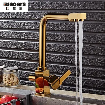 

Free shipping Luxury golden double handle kitchen faucet with water purifier function bathroom sink mixers 9050 rotation