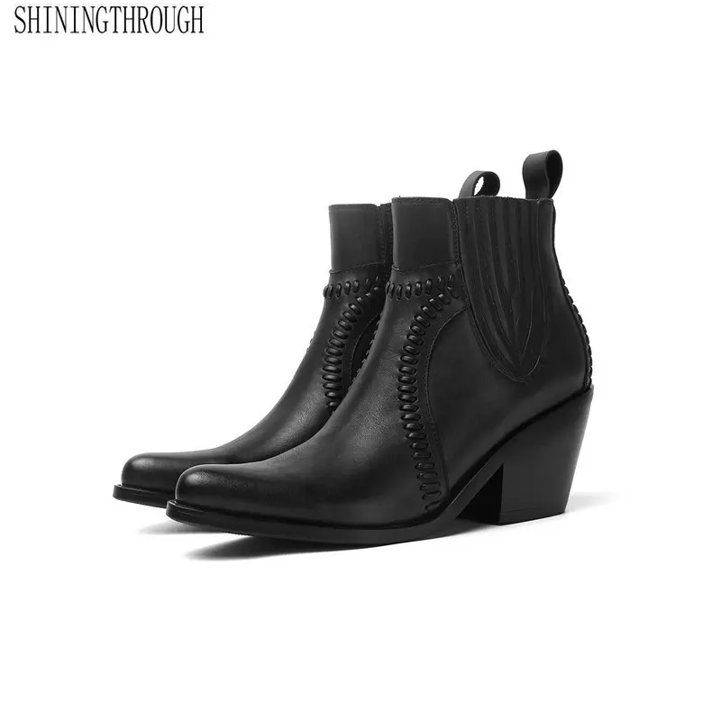 

Genuine Leather Chelsea Boots woman thick high Heels Women Ankle Boots 2019 Spring Autumn New Office Shoes woman