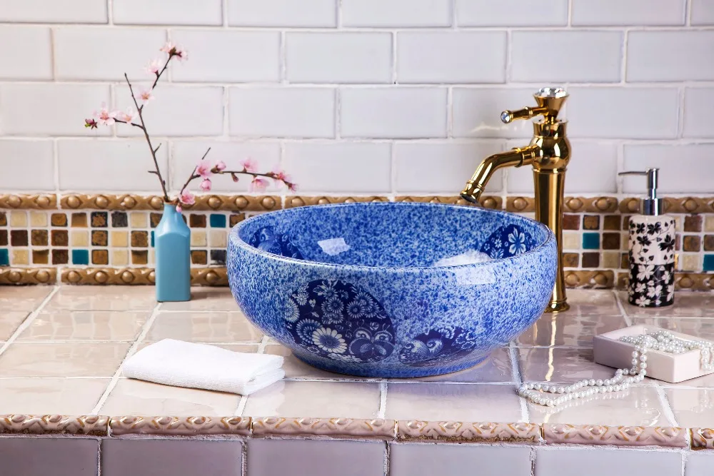 Blue And White China Artistic Handmade Ceramic wash basin Lavobo Round Counter top commercial bathroom vanities bathroom sinks (2)