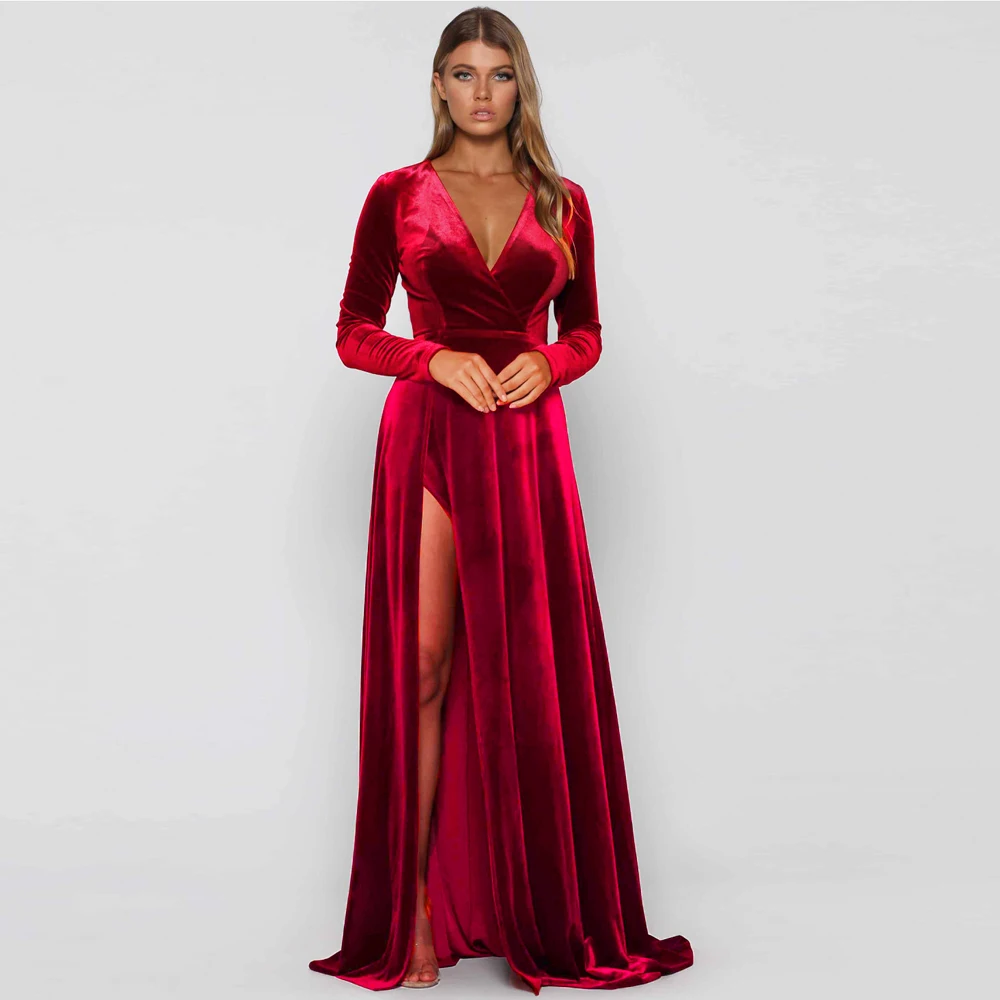 Burgundy Velvet Deep V Neck Maxi Dress Empire Double Splits Full Sleeved Party Dress Autumn Winter