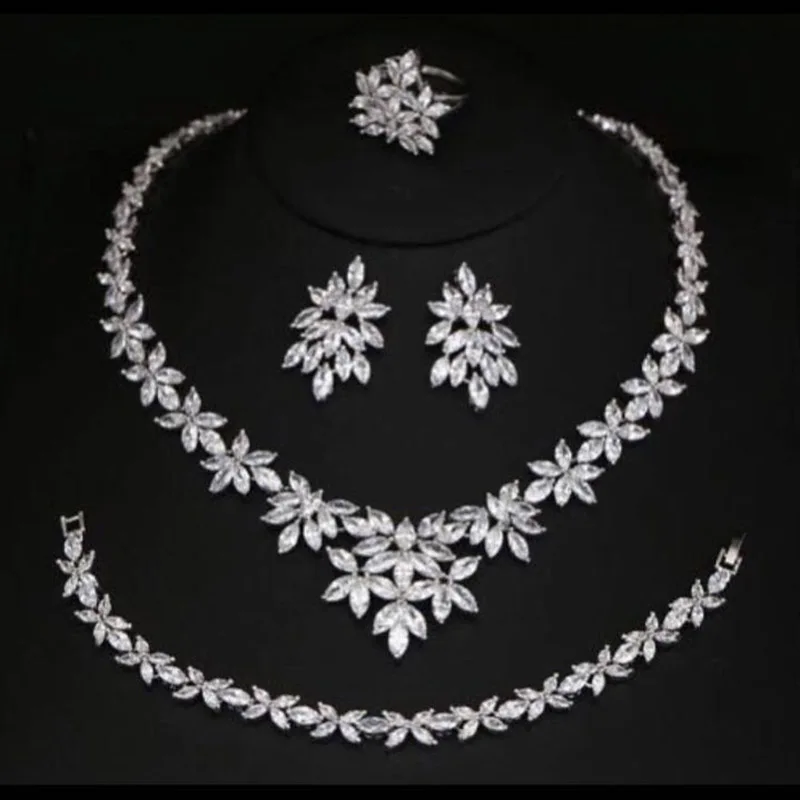 

New Arrival Trendy Flower Shape Cubic Zircon Necklace/ Earrings/ Bracelet/ Ring Set For Women Wedding