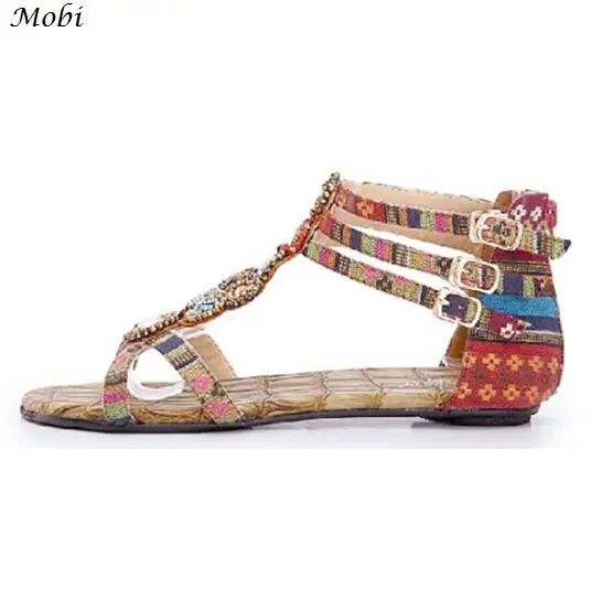 

Woman Shoes New Sandals 2018 Summer Beach Shoes Bohemia Flat bottom National Style Bead Rhinestones Buckle Strap Zip Ladies Shoe